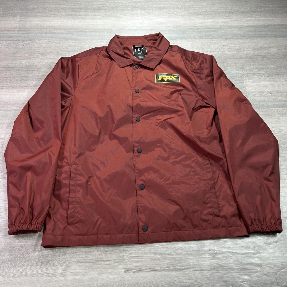 Fox‎ Jacket Mens Large Red Coach Snap Front Nylon Lined Windbreaker Moto